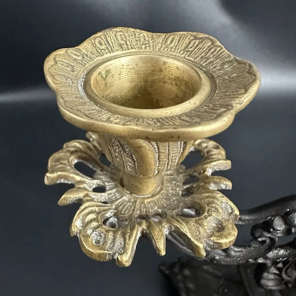 Vintage French Spelter 3 Arm Ornate Candelabra Gilt Brass Holder 8”